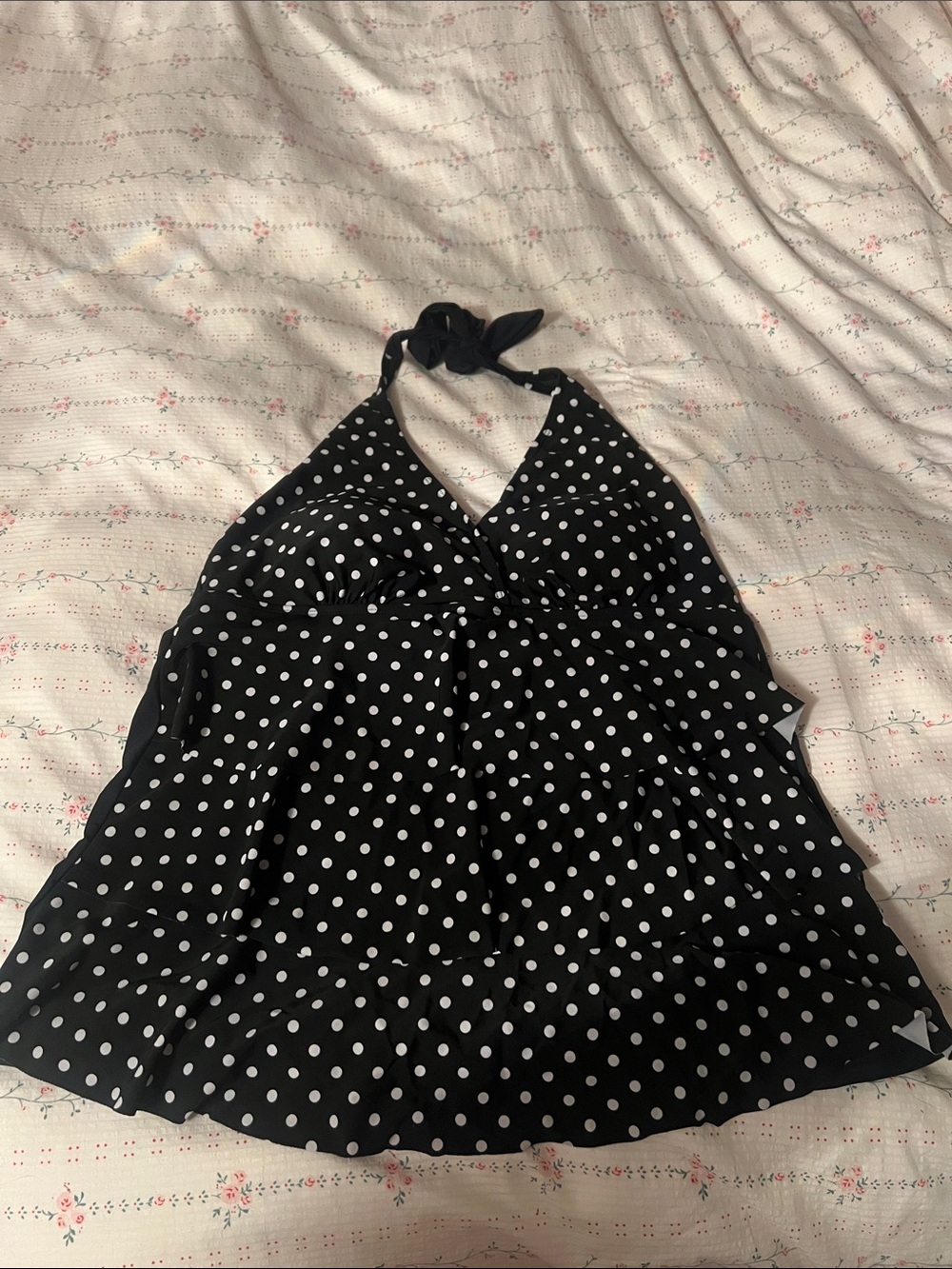 Tropical Escape Black and White Polka Dot Halter Swim Tankini Top